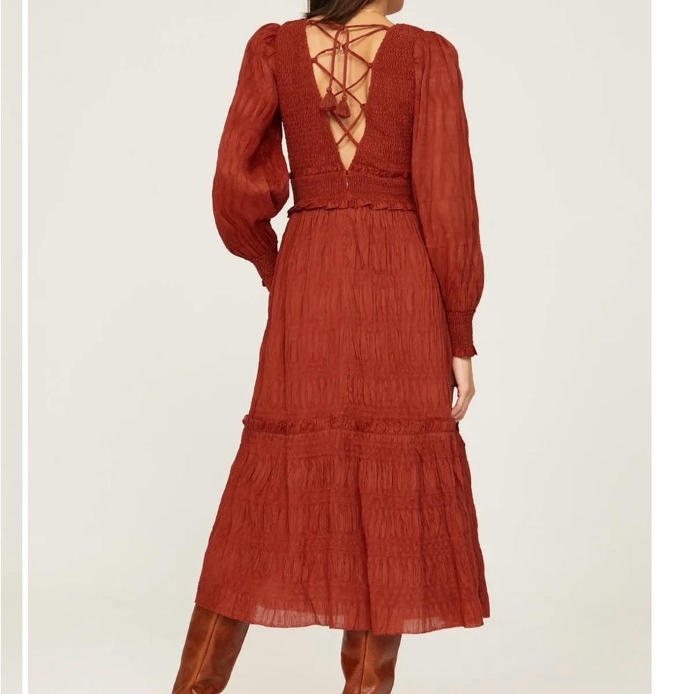 Sea New York Pasha pleated smocked midi dress with Lace-Up Back